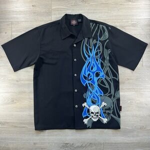 Dragonfly Roadhouse XL Blue Flames Skull Button Up Shirt Tattoo Skate Surf
